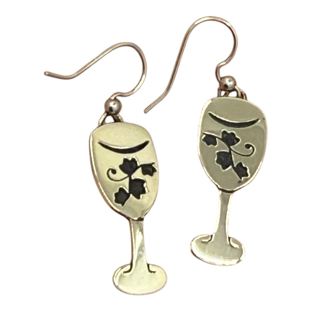 Far Fetched Silver Wine Glass Goblet Dangle Earrings Cutout Vine Design Artisan